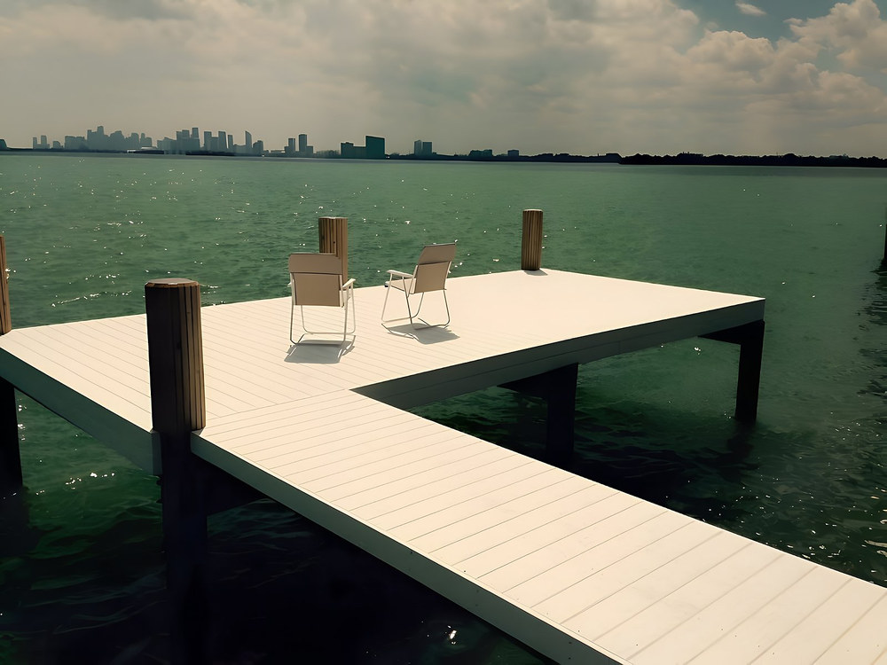 White composite dock platform with chairs overlooking Miami skyline — South Florida
