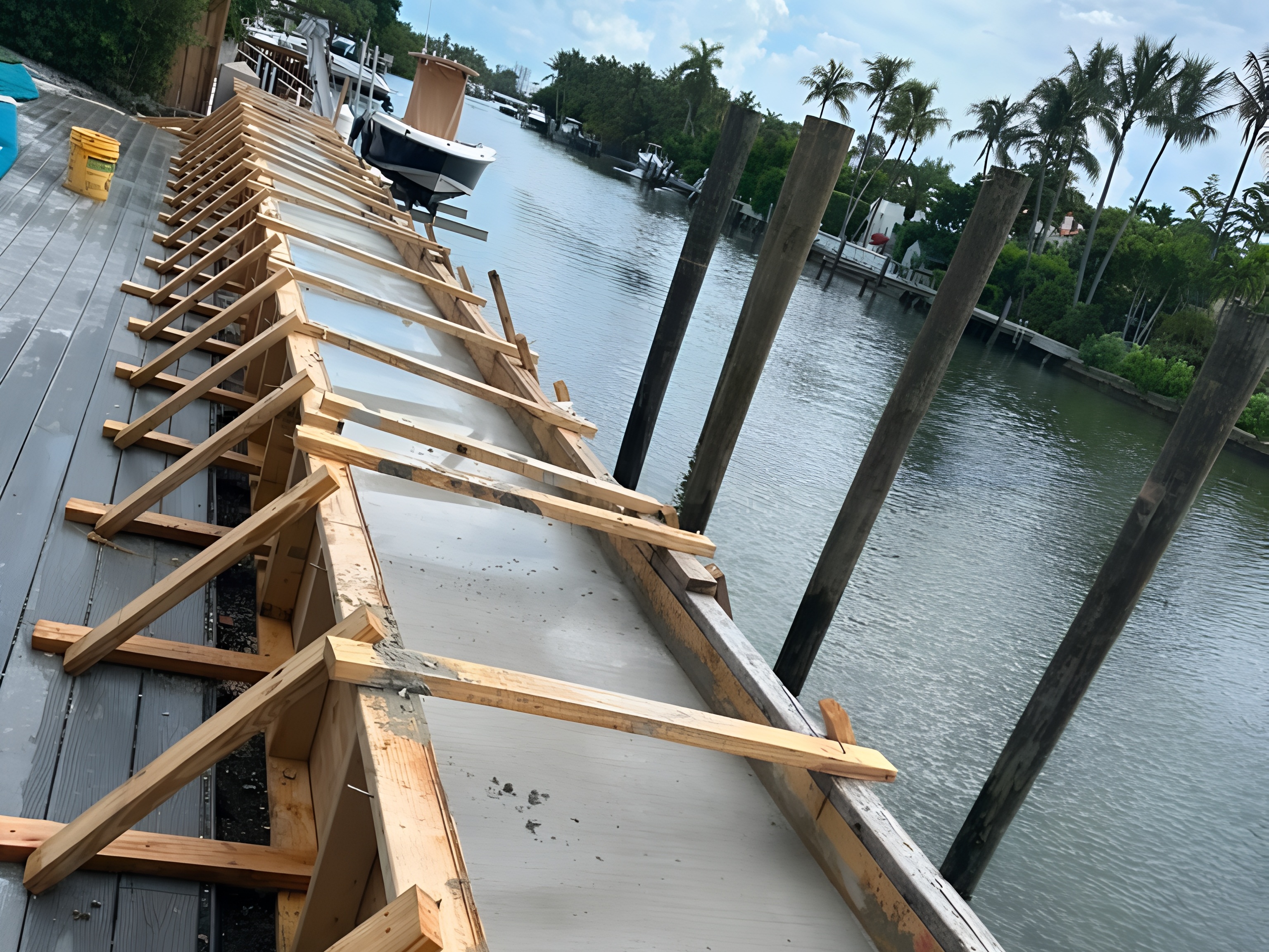 Fresh concrete being poured into seawall cap formwork — Contour Marine