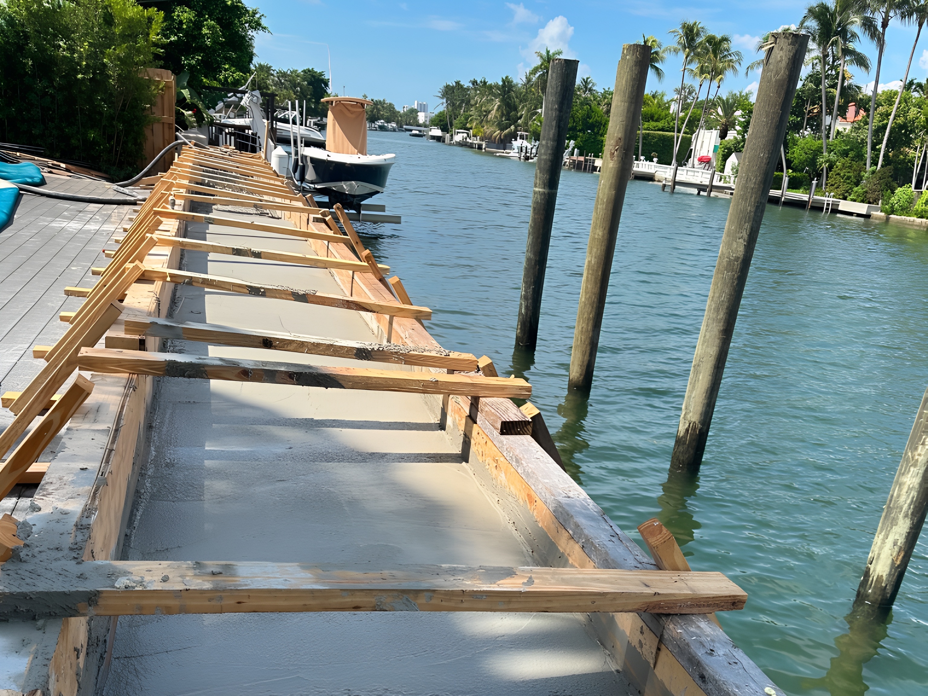 Smooth concrete seawall cap curing with pilings — Contour Marine