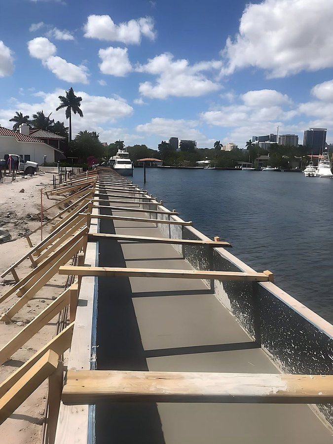 Concrete being poured into seawall formwork — South Florida by Contour Marine