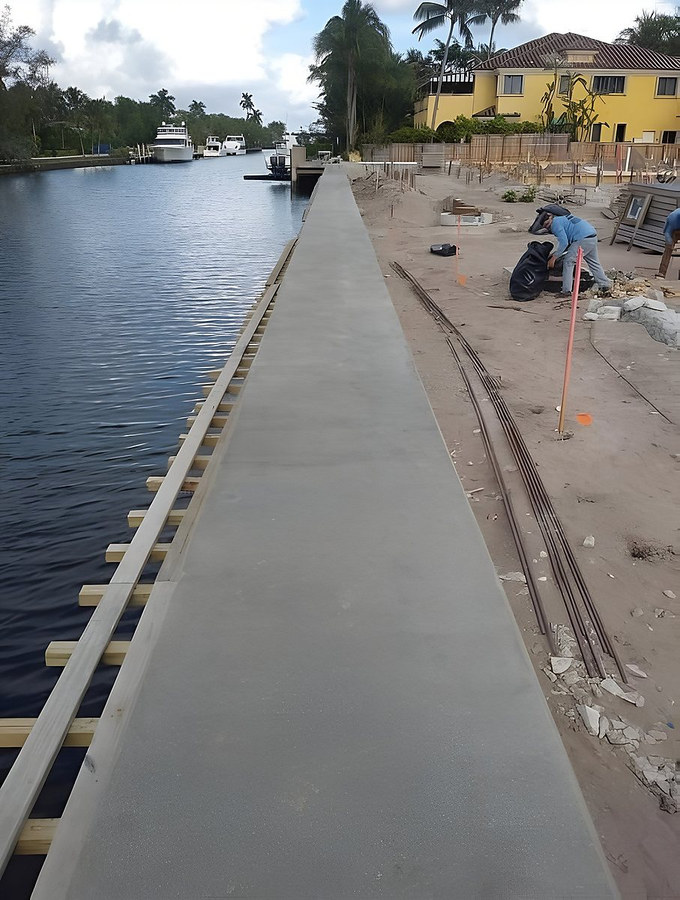 Finished seawall — completed concrete cap along South Florida canal — Contour Marine